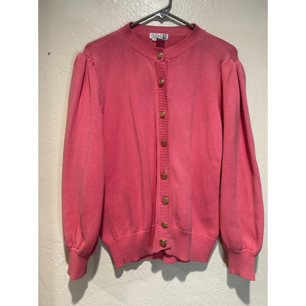 Adele Joyce Vintage Pink Cotton Puff Shoulder‎ Cardigan Gold Crest Buttons S